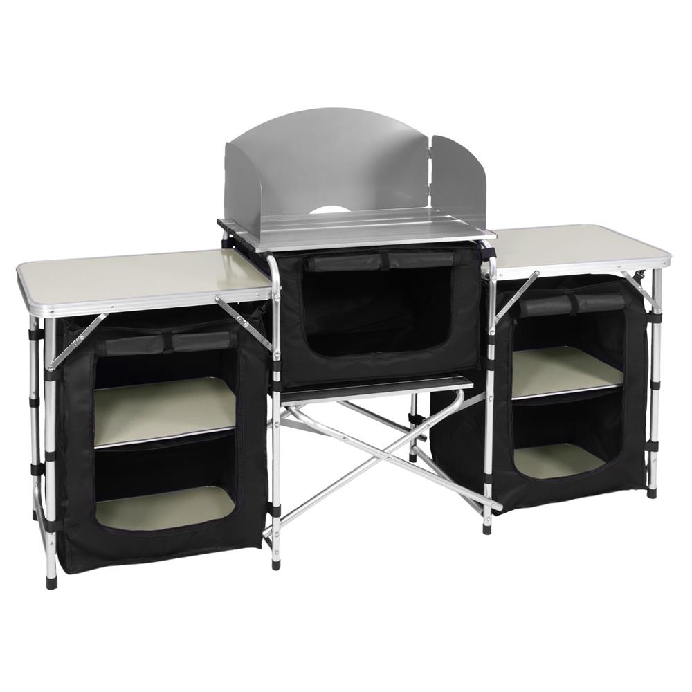 Bucatarie de camping pliabila cu 3 blaturi MDF, cadru aluminiu, portabila pentru exterior, 175x45x110 cm, gri - imagine 38