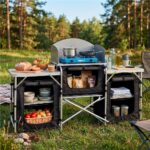 Bucatarie de camping pliabila cu 3 blaturi MDF, cadru aluminiu, portabila pentru exterior, 175x45x110 cm, gri