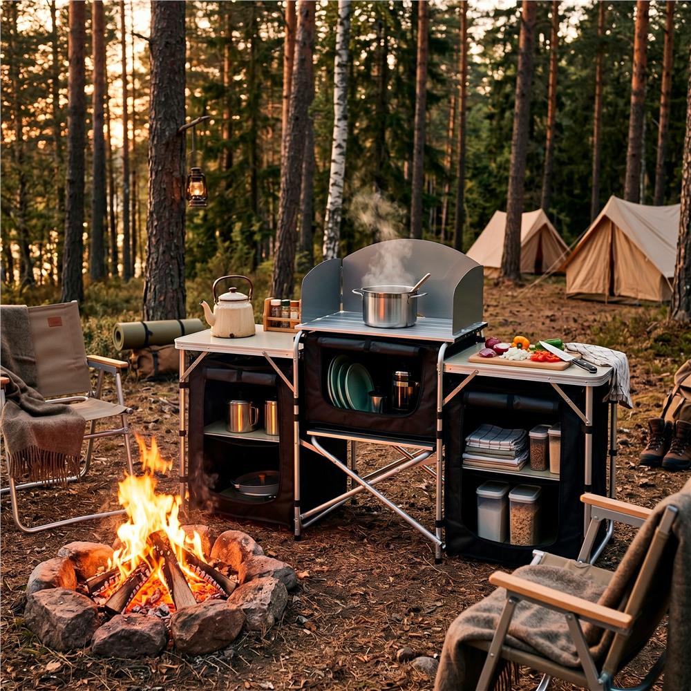 Bucatarie de camping pliabila cu 3 blaturi MDF, cadru aluminiu, portabila pentru exterior, 175x45x110 cm, gri - imagine 36