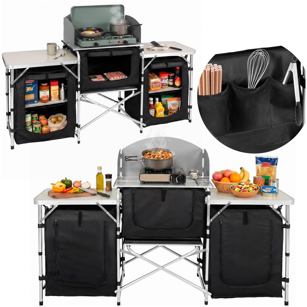 Bucatarie de camping pliabila cu 3 blaturi MDF, cadru aluminiu, portabila pentru exterior, 175x45x110 cm, gri - imagine 4