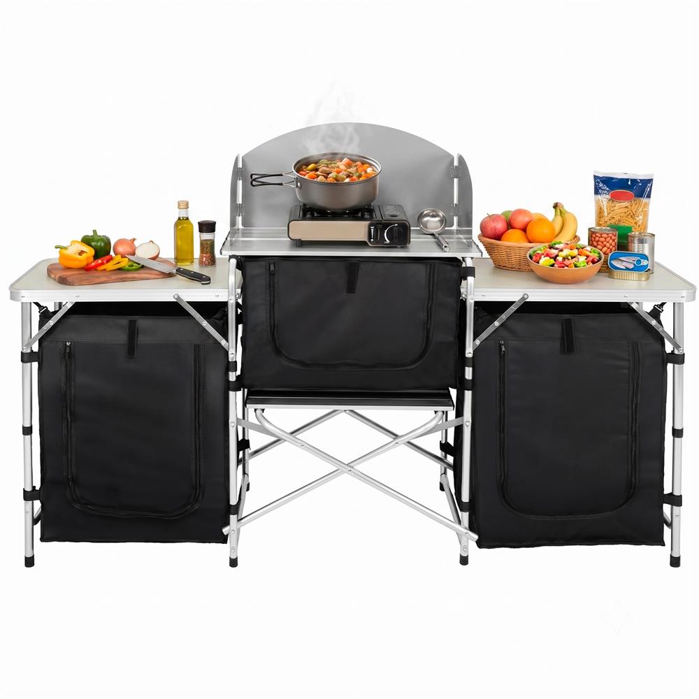 Bucatarie de camping pliabila cu 3 blaturi MDF, cadru aluminiu, portabila pentru exterior, 175x45x110 cm, gri - imagine 9