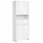 VASAGLE Dulap inalt de baie cu 2 dulapuri inchise, 2 sertare si compartiment deschis pentru organizarea prosoapelor si cosmeticelor, rafturi reglabile si reversibile, structura din MDF, 60x30x170 cm, alb