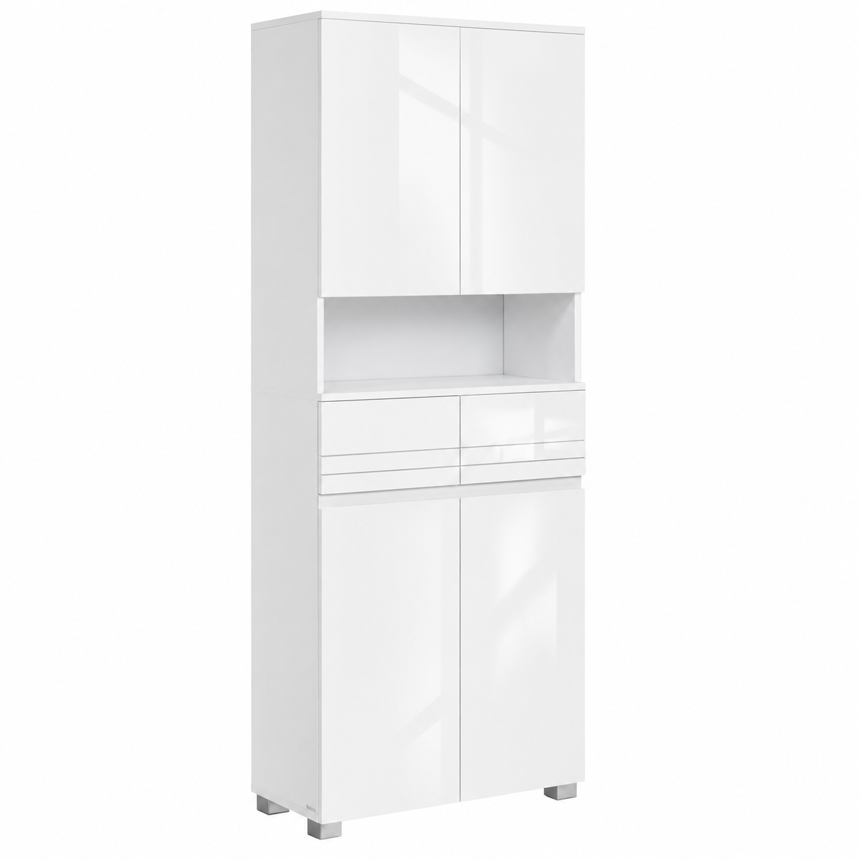 VASAGLE Dulap inalt de baie cu 2 dulapuri inchise, 2 sertare si compartiment deschis pentru organizarea prosoapelor si cosmeticelor, rafturi reglabile si reversibile, structura din MDF, 60x30x170 cm, alb