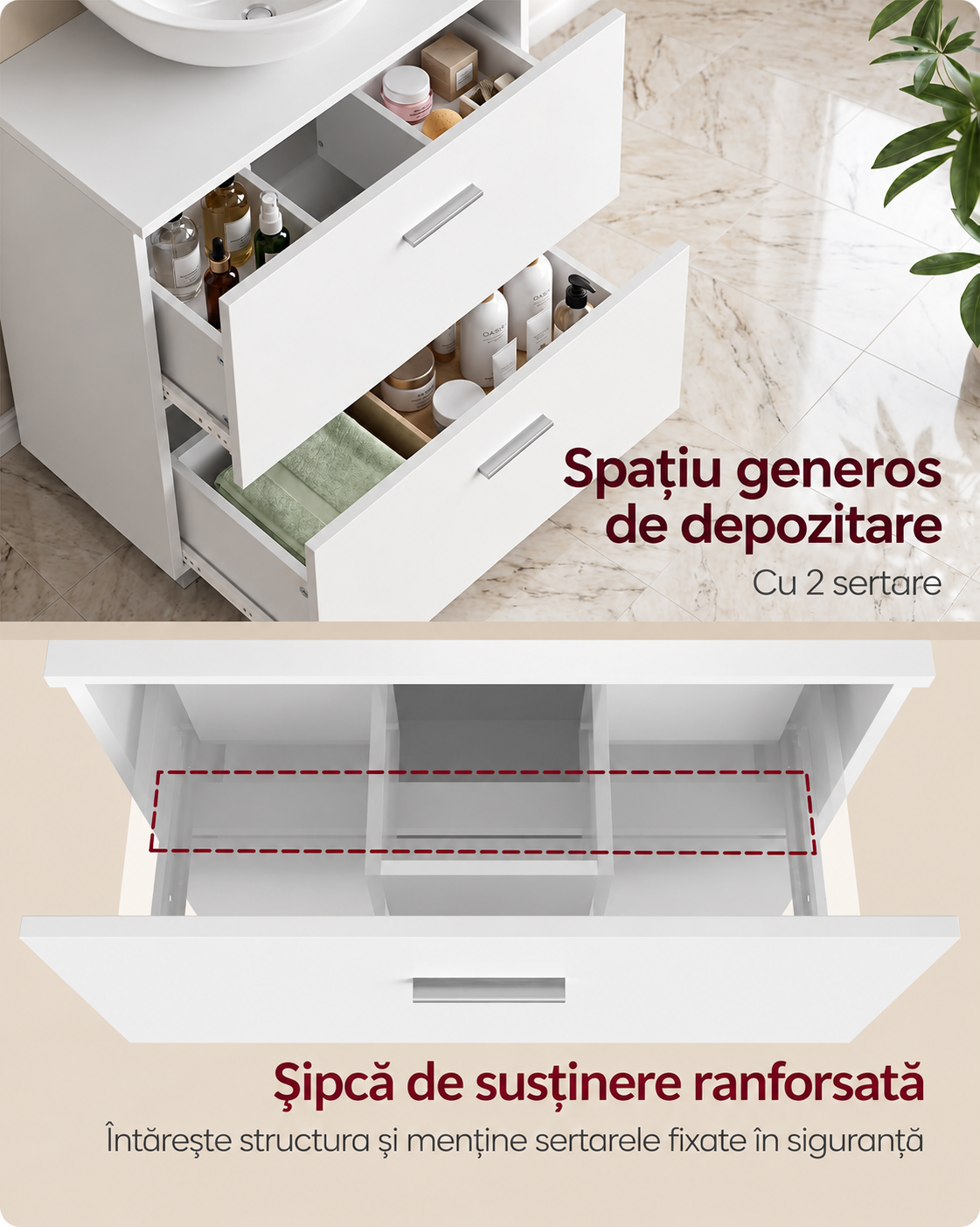 VASAGLE Dulap de baie sub lavoar cu 2 sertare glisante si 6 compartimente pentru organizare, compatibil cu lavoare fara piedestal, (nu include lavoar), 60x30x64 cm, alb - imagine 6