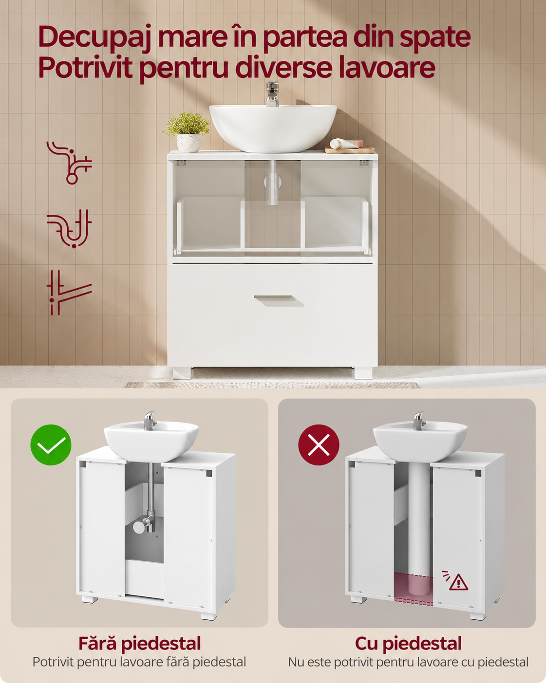 VASAGLE Dulap de baie sub lavoar cu 2 sertare glisante si 6 compartimente pentru organizare, compatibil cu lavoare fara piedestal, (nu include lavoar), 60x30x64 cm, alb - imagine 7