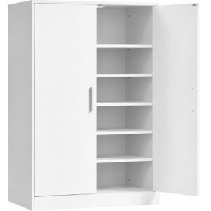 VASAGLE Pantofar cu 2 usi si 5 niveluri de depozitare,pana la 15 perechi pantofi, rafturi reglabile pe inaltime pentru incaltaminte pana la marimea 46, structura rezistenta din MDF, 60x37x91 cm, alb
