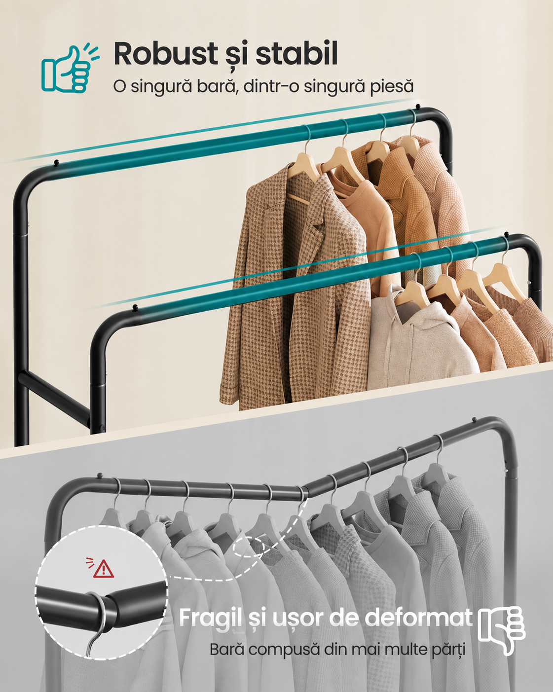 SONGMICS Suport mobil pentru haine cu 2 bare de umerase si raft inferior pentru pantofi, structura metalica, maxim 90 kg, 4 roti pivotante la 360°, ideal pentru dressing, hol sau spalatorie, 110x47x156 cm, negru - imagine 2