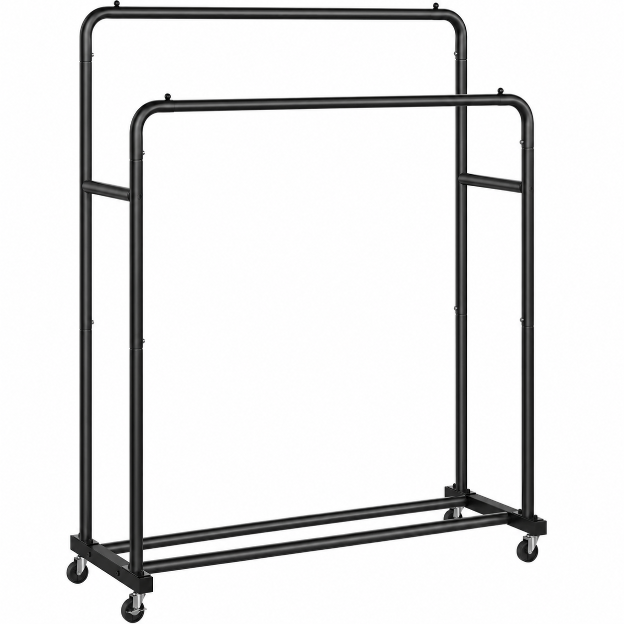 SONGMICS Suport mobil pentru haine cu 2 bare de umerase si raft inferior pentru pantofi, structura metalica, maxim 90 kg, 4 roti pivotante la 360°, ideal pentru dressing, hol sau spalatorie, 110x47x156 cm, negru