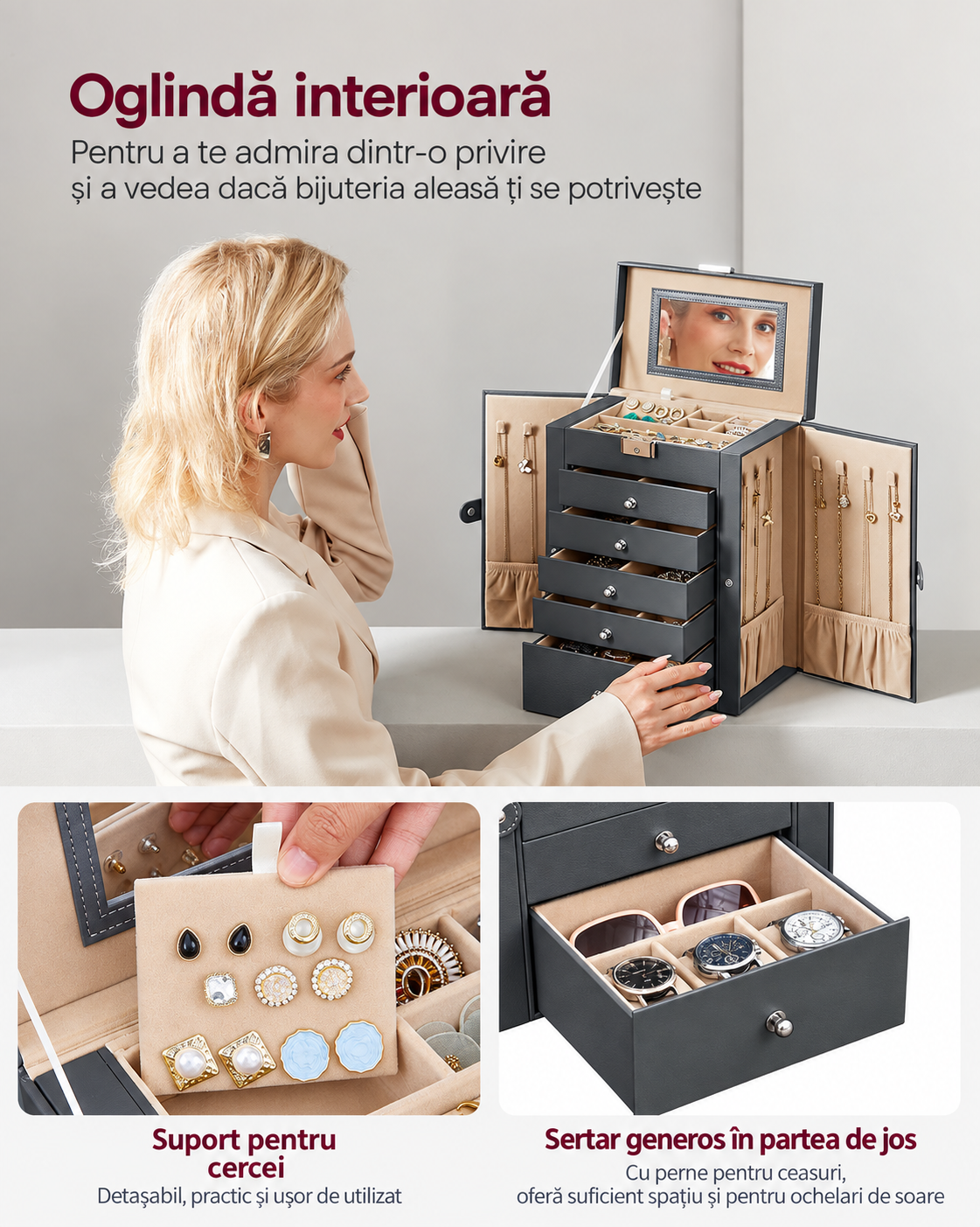 SONGMICS Cutie de bijuterii cu 6 nivele, 5 sertare, oglinda si incuietoare, spatiu pentru ceasuri, 26x15x32cm, gri - imagine 4