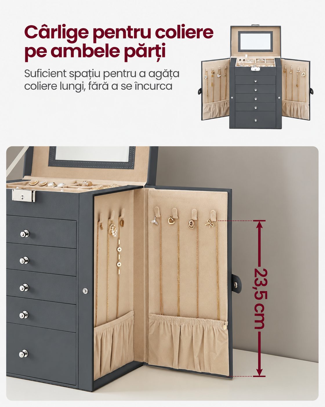 SONGMICS Cutie de bijuterii cu 6 nivele, 5 sertare, oglinda si incuietoare, spatiu pentru ceasuri, 26x15x32cm, gri - imagine 6