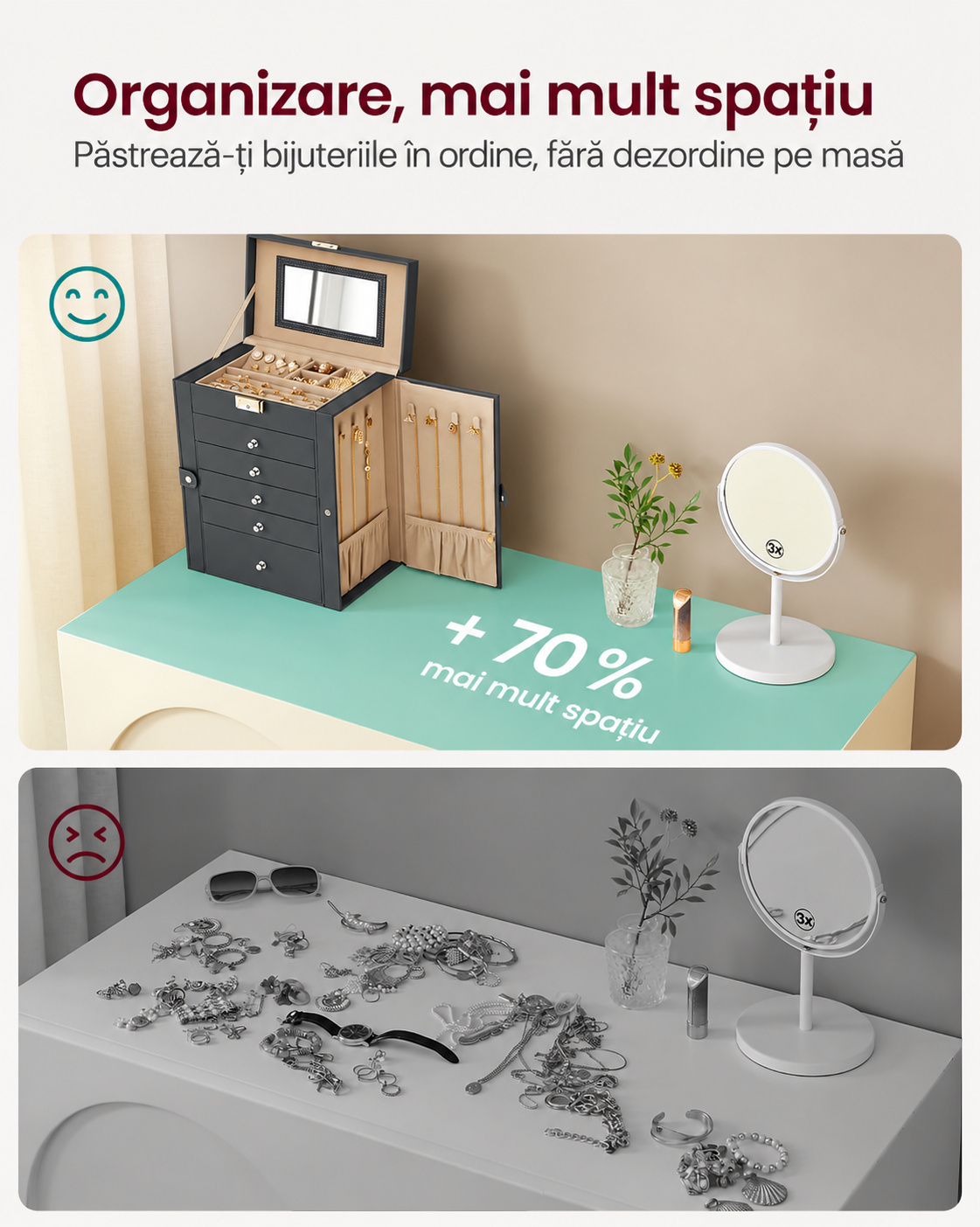 SONGMICS Cutie de bijuterii cu 6 nivele, 5 sertare, oglinda si incuietoare, spatiu pentru ceasuri, 26x15x32cm, gri - imagine 7