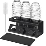 SONGMICS Suport pentru uscarea si depozitarea a 3 sticle, compatibil cu sticle din plastic si sticla pentru aparate de carbonatare, structura rezistenta din otel, 2 covorase absorbante detasabile si perie de curatare, 30x14x12 cm, negru