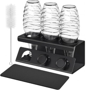 SONGMICS Suport pentru uscarea si depozitarea a 3 sticle, compatibil cu sticle din plastic si sticla pentru aparate de carbonatare, structura rezistenta din otel, 2 covorase absorbante detasabile si perie de curatare, 30x14x12 cm, negru
