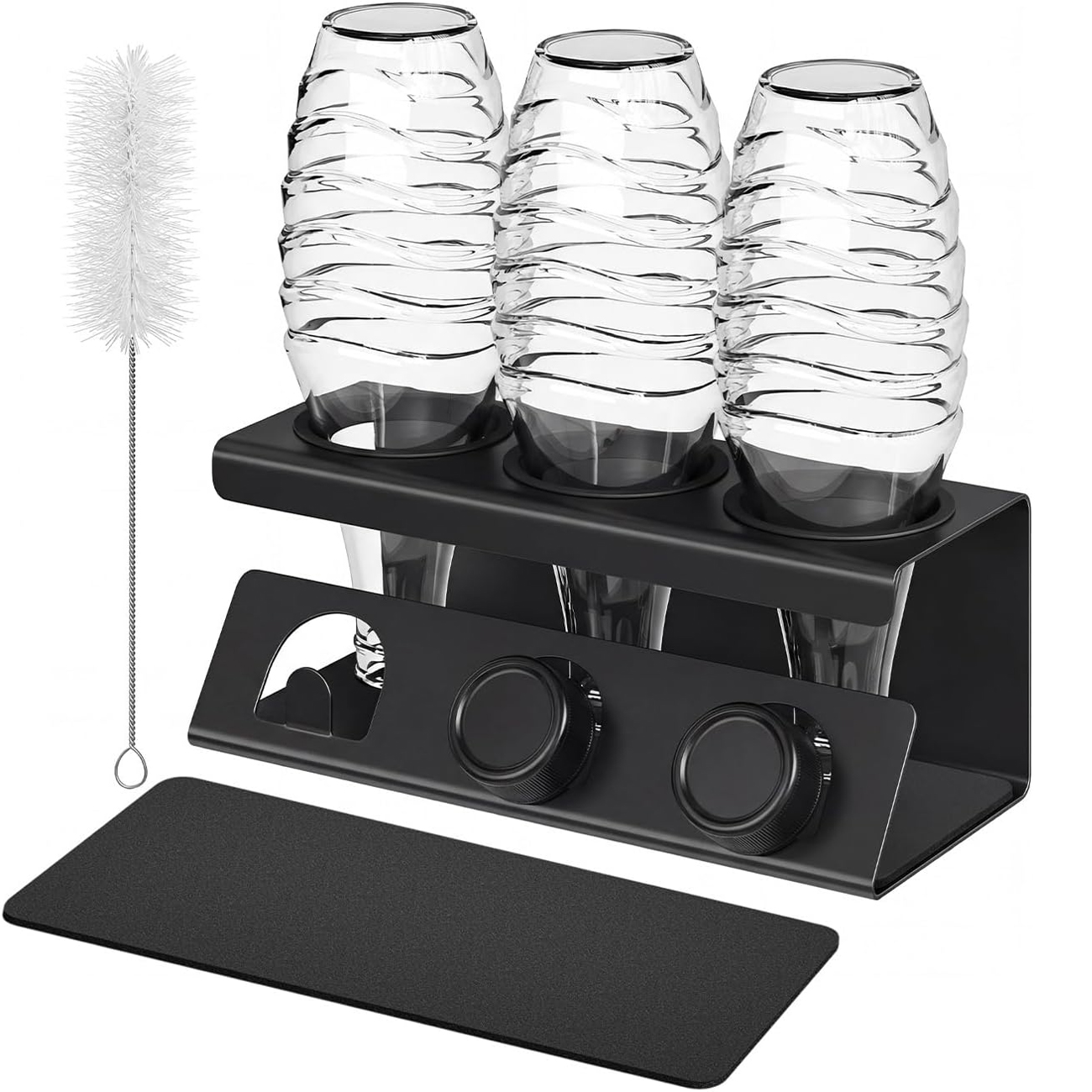 SONGMICS Suport pentru uscarea si depozitarea a 3 sticle, compatibil cu sticle din plastic si sticla pentru aparate de carbonatare, structura rezistenta din otel, 2 covorase absorbante detasabile si perie de curatare, 30x14x12 cm, negru