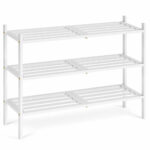 SONGMICS Raft pentru pantofi din bambus cu 3 niveluri, capacitate 12-16 perechi de incaltaminte, design compact si suprapozabil, structura rezistenta cu capacitate maxima 30 kg, montaj rapid, 70x25x52 cm, alb