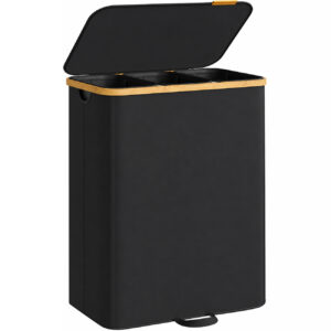 SONGMICS Cos de rufe cu capac, capacitate 170 L si 3 compartimente pentru sortarea hainelor, saci interiori detasabili cu manere pentru transport, cadru decorativ din bambus, 60x39x75 cm, negru