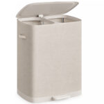 SONGMICS Cos de rufe cu capac, 160 L, 2 compartimente pentru sortarea hainelor, saci interiori detasabili cu manere pentru transport si golire usoara, material rezistent la stropire, 56x47x75 cm, bej