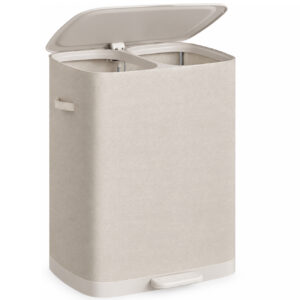 SONGMICS Cos de rufe cu capac, 160 L, 2 compartimente pentru sortarea hainelor, saci interiori detasabili cu manere pentru transport si golire usoara, material rezistent la stropire, 56x47x75 cm, bej