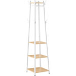 VASAGLE Cuier cu 8 carlige duble, 4 rafturi si bara pentru umerase, cadru metalic, stil industrial, 43x43x180 cm, stejar si alb