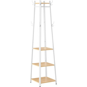 VASAGLE Cuier cu 8 carlige duble, 4 rafturi si bara pentru umerase, cadru metalic, stil industrial, 43x43x180 cm, stejar si alb
