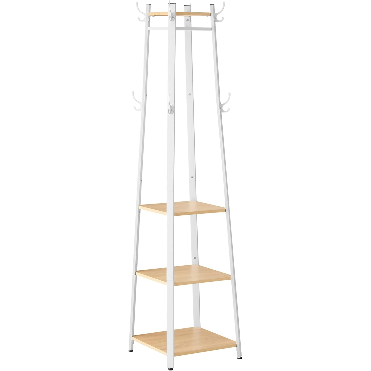 VASAGLE Cuier cu 8 carlige duble, 4 rafturi si bara pentru umerase, cadru metalic, stil industrial, 43x43x180 cm, stejar si alb