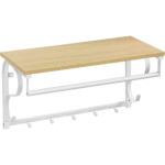 VASAGLE Cuier de perete cu raft de depozitare si sina, 5 carlige, 30x60x32 cm, alb si stejar