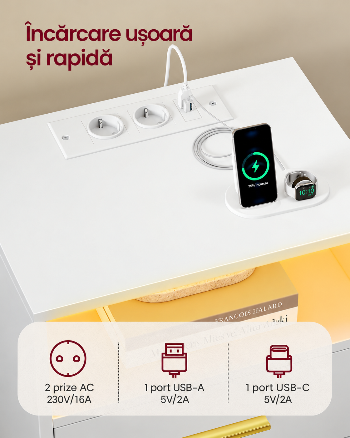 VASAGLE Noptiera moderna cu iluminare LED RGB si statie de incarcare integrata, 2 prize AC si porturi USB, lumina sincronizata cu muzica si control prin aplicatie, blat rezistent la apa si zgarieturi, 40x30x50 cm, alb - imagine 3