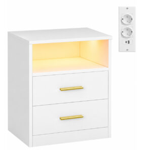 VASAGLE Noptiera moderna cu iluminare LED RGB si statie de incarcare integrata, 2 prize AC si porturi USB, lumina sincronizata cu muzica si control prin aplicatie, blat rezistent la apa si zgarieturi, 40x30x50 cm, alb