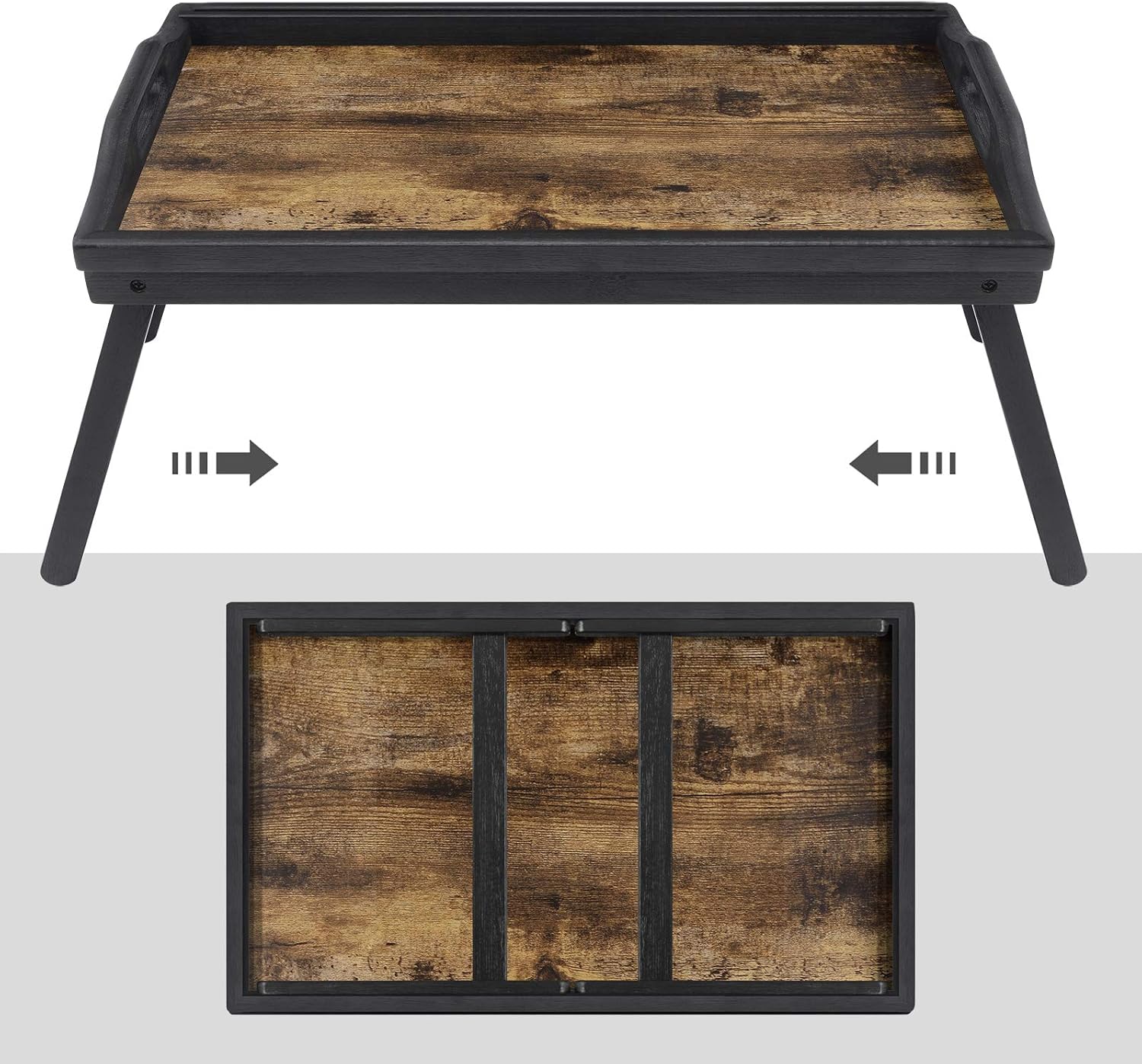 SONGMICS Masuta pliabila pentru laptop si mic dejun in pat, cu blat 50x30 cm, suport integrat pentru telefon sau tableta, margini inaltate si manere pentru transport, depozitare compacta, 50x30x26 cm, maro rustic - imagine 5