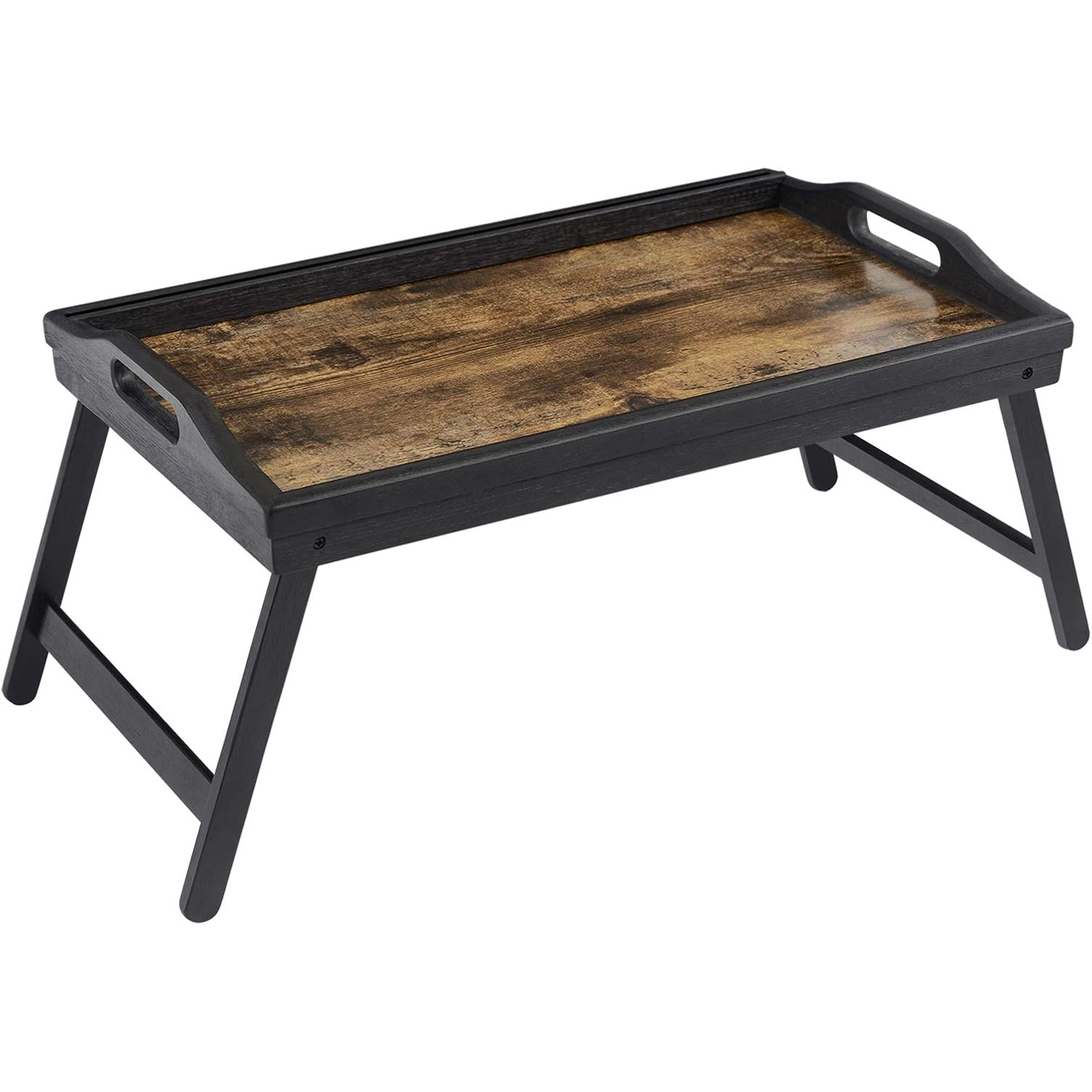 SONGMICS Masuta pliabila pentru laptop si mic dejun in pat, cu blat 50x30 cm, suport integrat pentru telefon sau tableta, margini inaltate si manere pentru transport, depozitare compacta, 50x30x26 cm, maro rustic