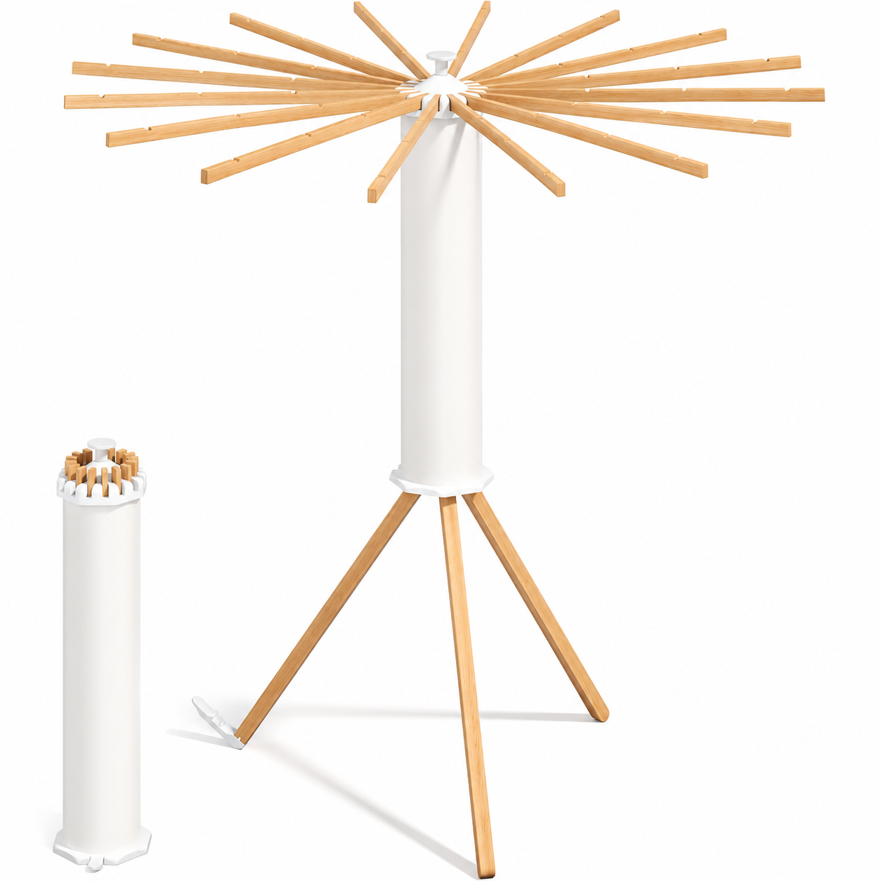 SONGMICS Uscator de rufe pliabil si rotativ din lemn de fag, cu 16 brate extensibile si reglabile individual, structura stabila, sistem de pliere rapida cu pedala pentru depozitare compacta, 24 kg, 112x112 cm, natur