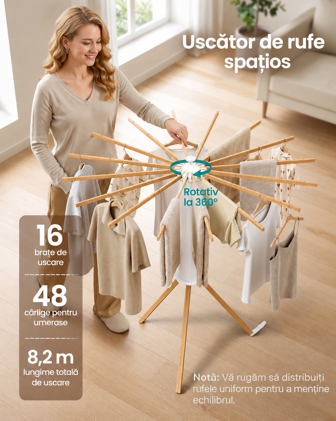 SONGMICS Uscator de rufe pliabil si rotativ din lemn de fag, cu 16 brate extensibile si reglabile individual, structura stabila, sistem de pliere rapida cu pedala pentru depozitare compacta, 24 kg, 112x112 cm, natur - imagine 7