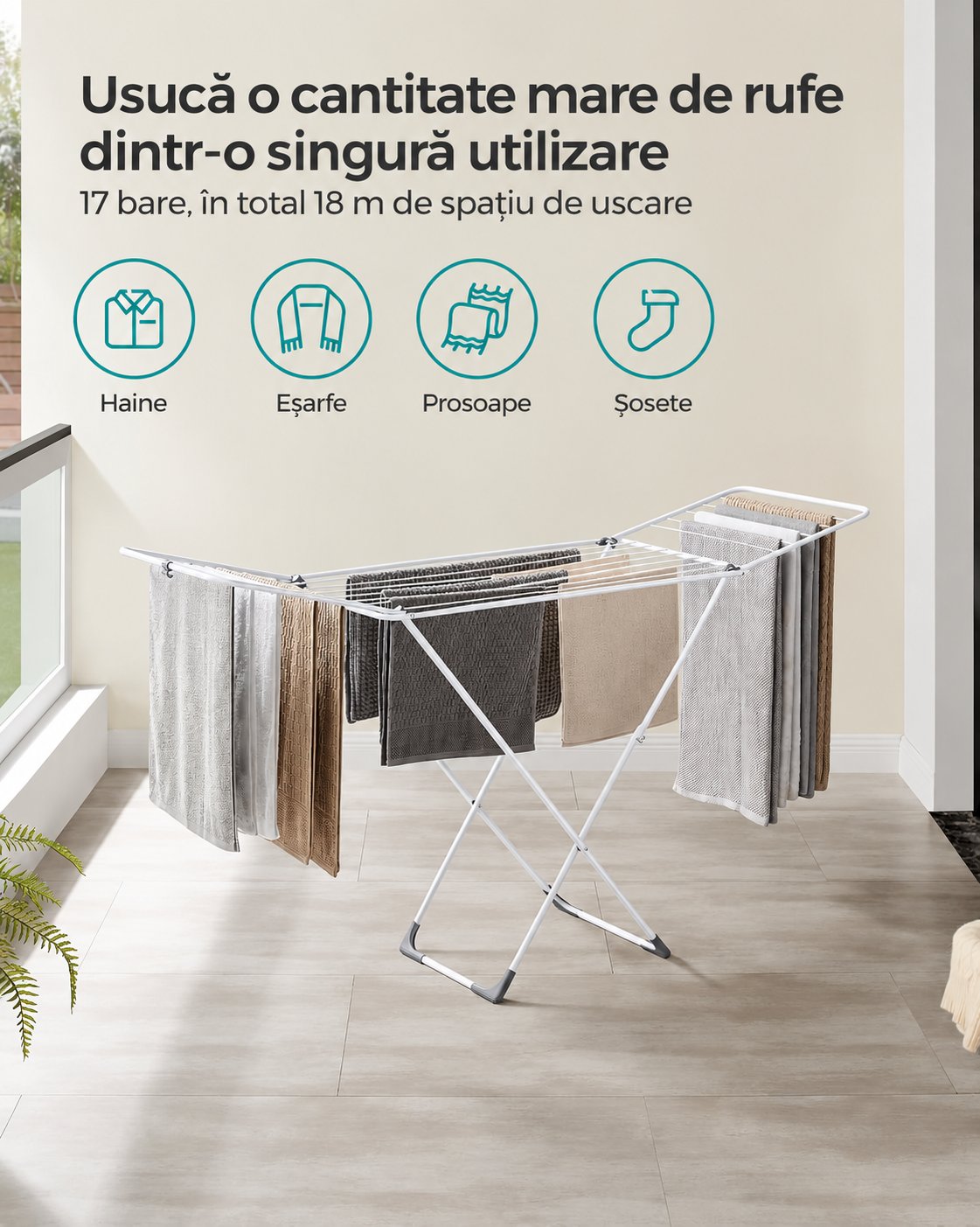 SONGMICS Uscator de rufe pliabil cu aripi si 17 bare, 18 m spatiu de uscare pentru haine, 15 kg, structura din otel rezistenta la coroziune, sistem blocare pentru stabilitate, utilizare interior si exterior, 182x50x103 cm, alb - imagine 6