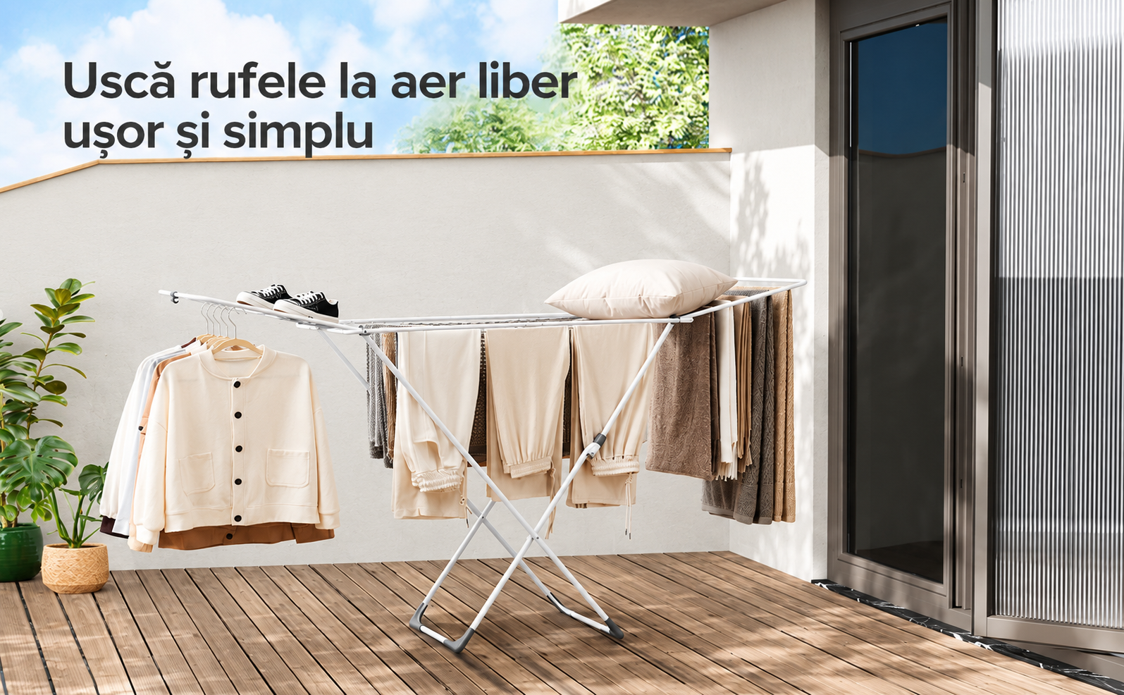 SONGMICS Uscator de rufe pliabil cu aripi si 17 bare, 18 m spatiu de uscare pentru haine, 15 kg, structura din otel rezistenta la coroziune, sistem blocare pentru stabilitate, utilizare interior si exterior, 182x50x103 cm, alb - imagine 8