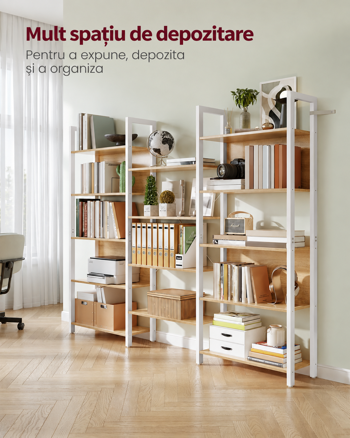 VASAGLE Biblioteca cu 14 rafturi din lemn, cadru metalic, 24x158x166cm, stil industrial, stejar auriu si alb - imagine 7