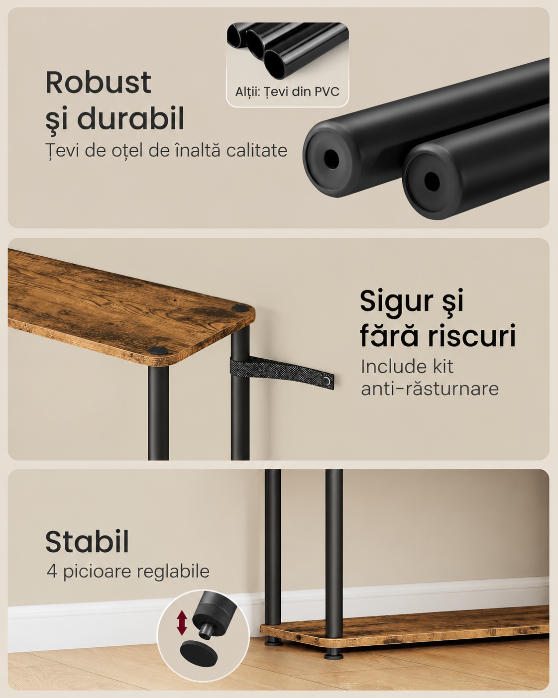 VASAGLE Raft ingust pentru depozitare, 5 niveluri, design compact, 60x24x139 cm, maro rustic si negru - imagine 3