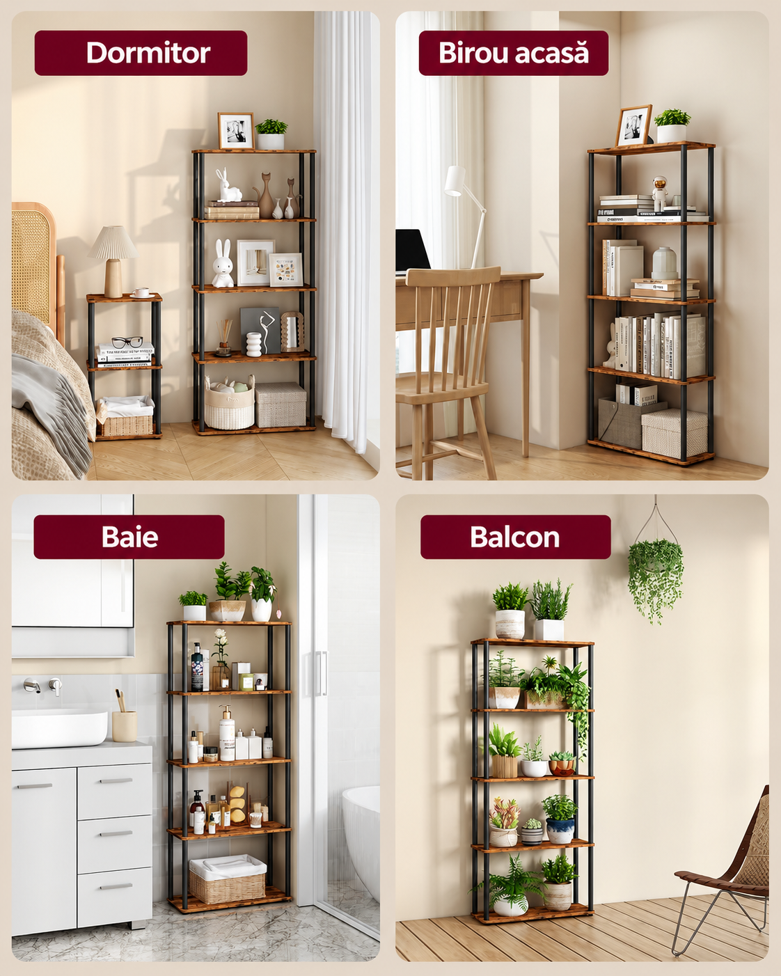 VASAGLE Raft ingust pentru depozitare, 5 niveluri, design compact, 60x24x139 cm, maro rustic si negru - imagine 5