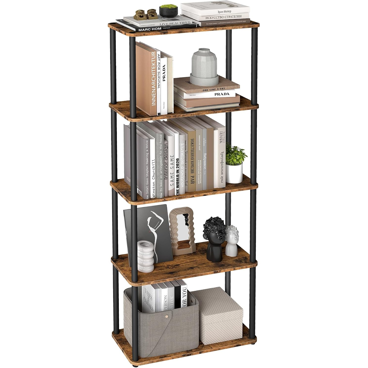 VASAGLE Raft ingust pentru depozitare, 5 niveluri, design compact, 60x24x139 cm, maro rustic si negru - imagine 6