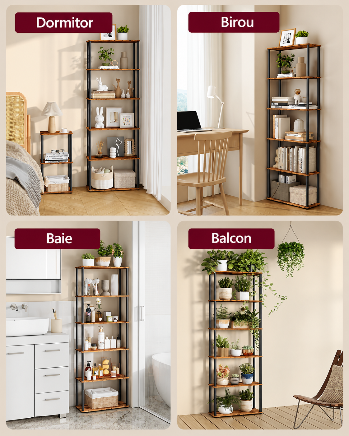 VASAGLE Biblioteca cu 6 rafturi, montaj rapid fara unelte, structura din otel, 60x24x173 cm, maro rustic si negru - imagine 5