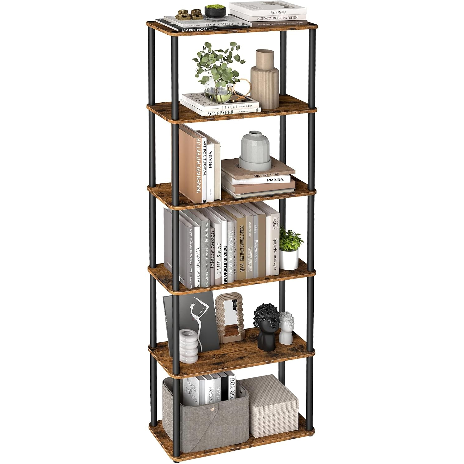 VASAGLE Biblioteca cu 6 rafturi, montaj rapid fara unelte, structura din otel, 60x24x173 cm, maro rustic si negru - imagine 6