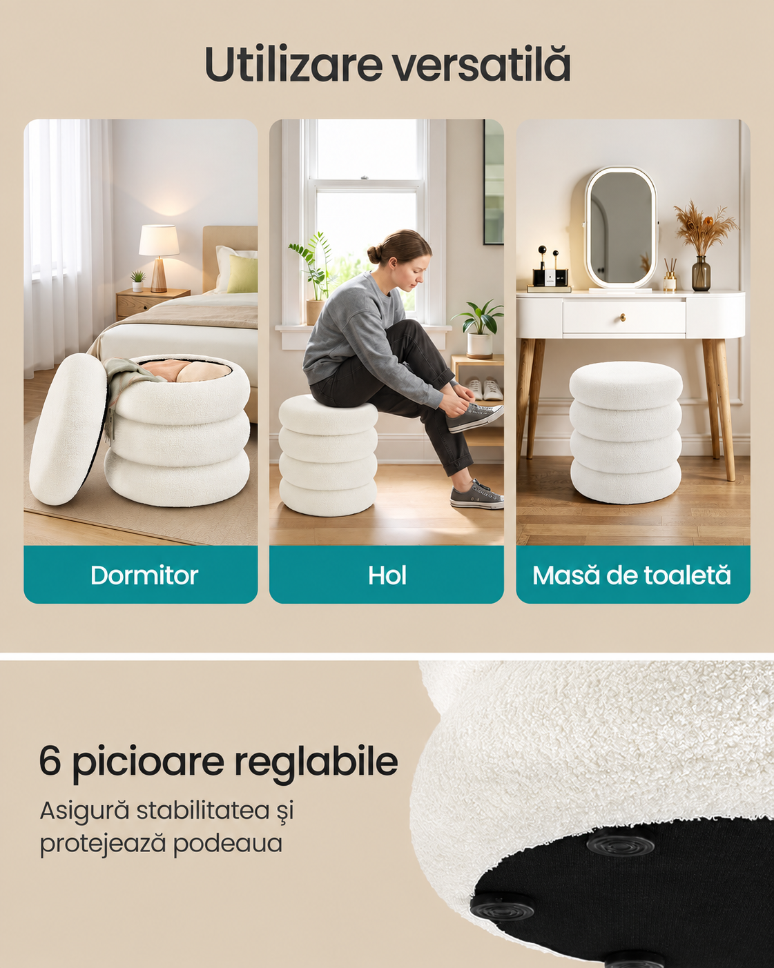 SONGMICS Taburet decorativ cu sezut moale, compartiment ascuns 30 L si capac detasabil, capacitate 150 kg, 43x47 cm, alb - imagine 3