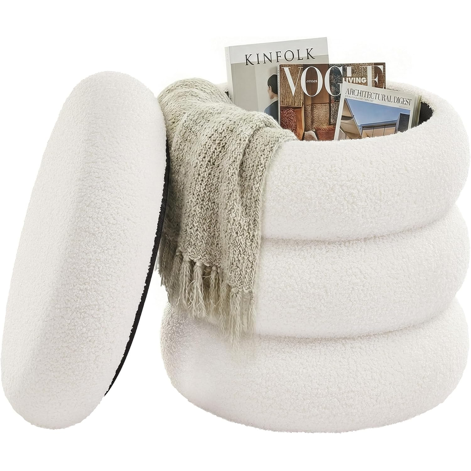 SONGMICS Taburet decorativ cu sezut moale, compartiment ascuns 30 L si capac detasabil, capacitate 150 kg, 43x47 cm, alb - imagine 4