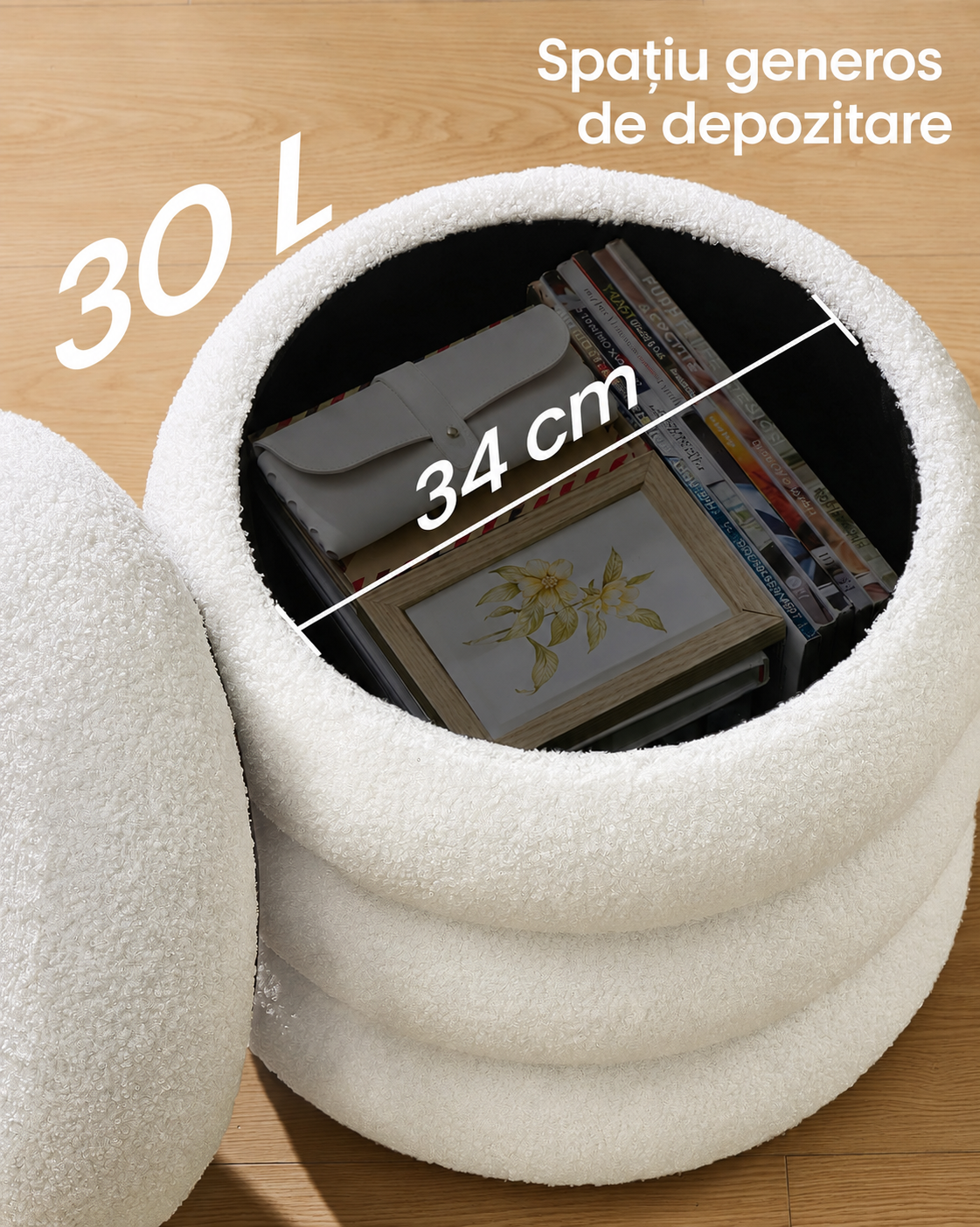 SONGMICS Taburet decorativ cu sezut moale, compartiment ascuns 30 L si capac detasabil, capacitate 150 kg, 43x47 cm, alb - imagine 8