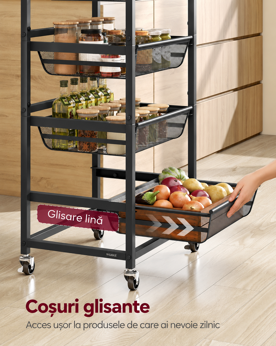 VASAGLE Carucior de bucatarie cu 5 niveluri si 4 cosuri metalice glisante pentru depozitarea fructelor si accesoriilor, blat superior cu aspect de lemn rustic, roti cu frana, maner pentru deplasare usoara, 40x32x95 cm, maro rustic - imagine 5