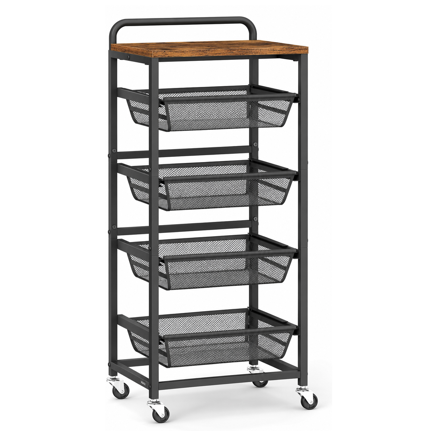 VASAGLE Carucior de bucatarie cu 5 niveluri si 4 cosuri metalice glisante pentru depozitarea fructelor si accesoriilor, blat superior cu aspect de lemn rustic, roti cu frana, maner pentru deplasare usoara, 40x32x95 cm, maro rustic