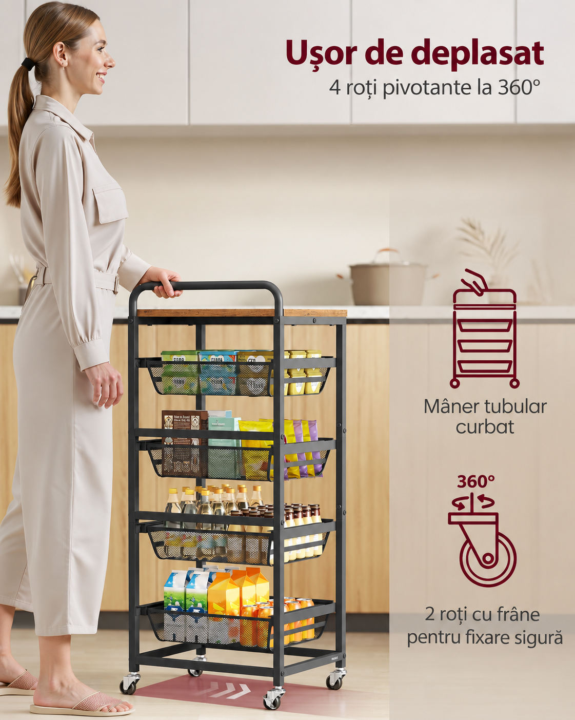 VASAGLE Carucior de bucatarie cu 5 niveluri si 4 cosuri metalice glisante pentru depozitarea fructelor si accesoriilor, blat superior cu aspect de lemn rustic, roti cu frana, maner pentru deplasare usoara, 40x32x95 cm, maro rustic - imagine 6