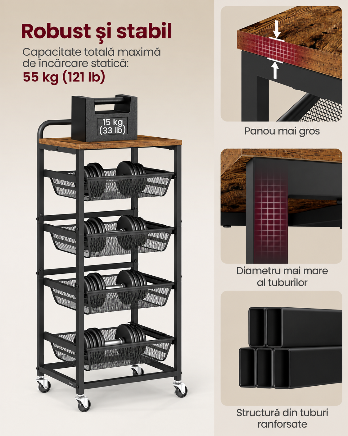 VASAGLE Carucior de bucatarie cu 5 niveluri si 4 cosuri metalice glisante pentru depozitarea fructelor si accesoriilor, blat superior cu aspect de lemn rustic, roti cu frana, maner pentru deplasare usoara, 40x32x95 cm, maro rustic - imagine 7