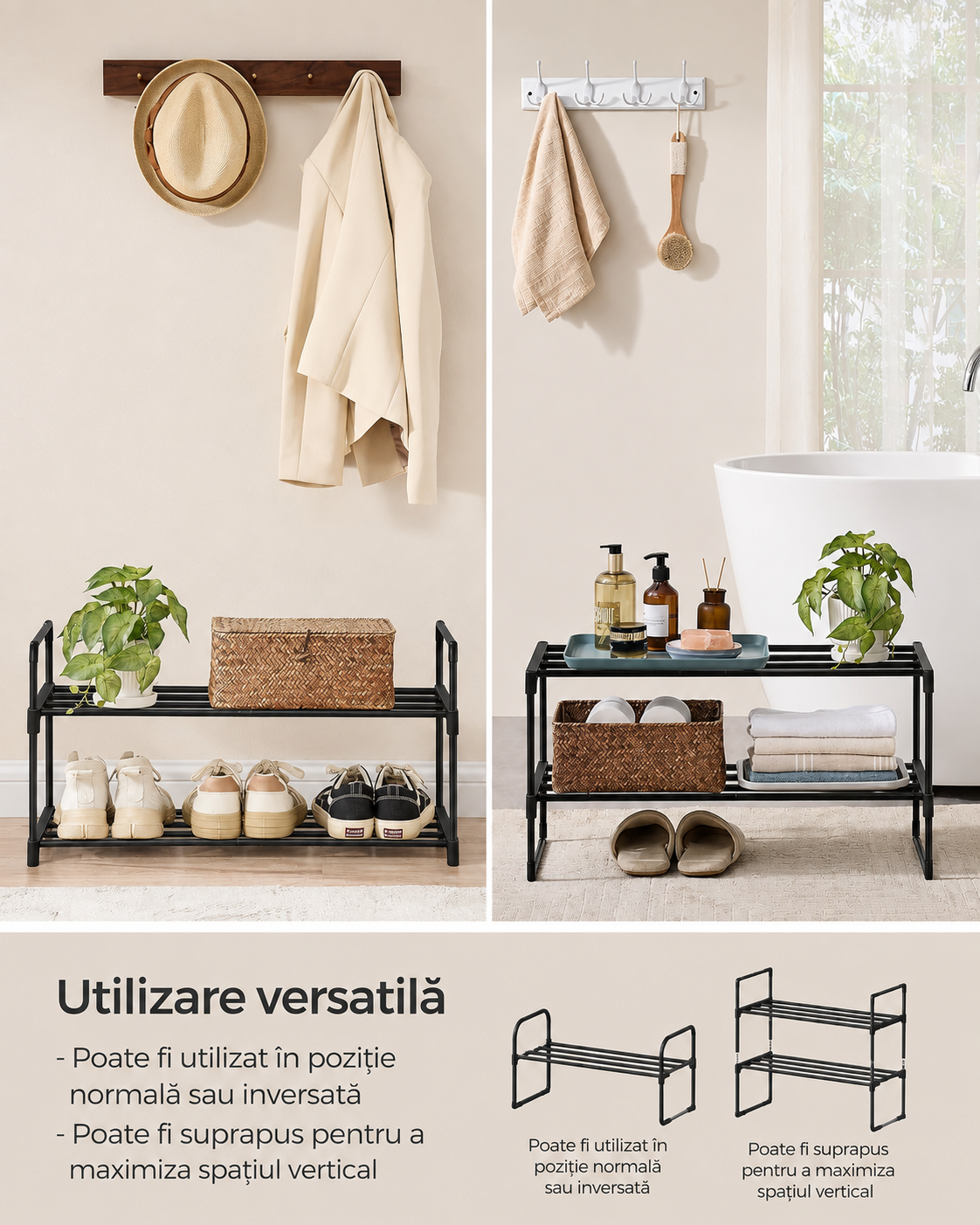 SONGMICS Raft pentru pantofi cu 2 niveluri, capacitate 6-9 perechi, 68x30x34 cm, negru - imagine 3