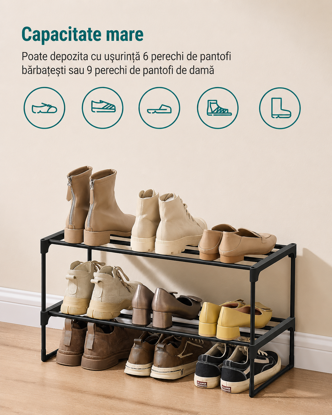 SONGMICS Raft pentru pantofi cu 2 niveluri, capacitate 6-9 perechi, 68x30x34 cm, negru - imagine 6