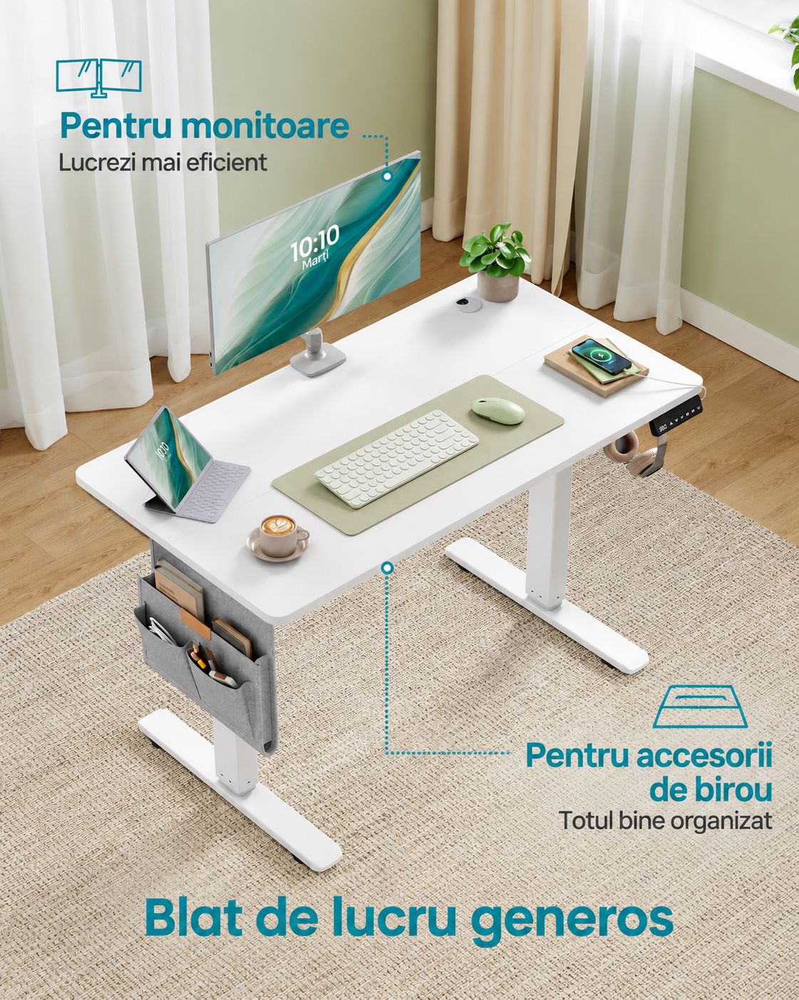 SONGMICS Birou electric sit-stand, reglabil 72-120 cm, motor silentios, USB-C 20W, 100x60 cm, alb - imagine 5